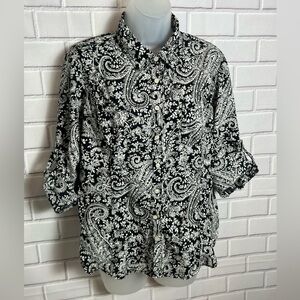 TOMMY HILFIGER Black and White Paisley Button-Up Shirt/size L